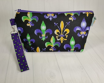 Fleur de Lis Knitting Project Bag -purple green gold Zippered Wedge Bag, Zipper Knitting Bag, Cosmetic Bag, Sock Knitting Bag WS0070