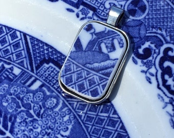 Rectangular Blue Willow Broken China Pendant