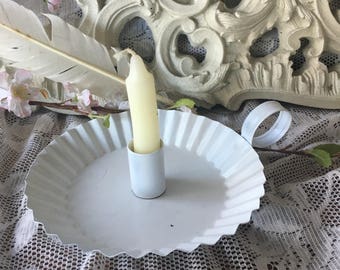 Chamberstick~Tin candle Holder w handle ~ saucer to catch wax
