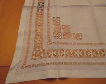 24" Square Antique Linen and Tenerife Teneriffe Lace Butterfly Tablecloth Table Topper Scarf VGC but Needs TLC