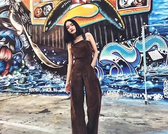 Women's Dark brown Corduroy Jumpsuit/overalls , Ultra Wide Legs - Vintage 70s fashion Handmade