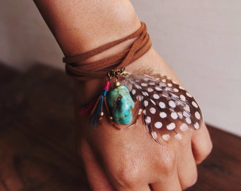 TTFN-02, colorful tassel and turquoise necklace/bracelet with feathers