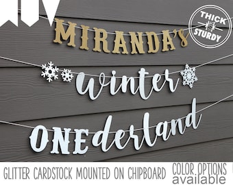 winter ONEderland banner with custom name, with snowflakes, winter 1st birthday, glitter party decorations, cursive banner, regular size