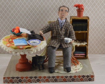 Author Writer- Gabriel Marquez- Miniature Diorama Scene- Gabo- One of a Kind Art- Uneek Doll Designs