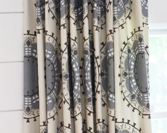 Robert Allen Dwell Studio Medallion Band in Mineral - One Pair of Lined and Pleated Drapes