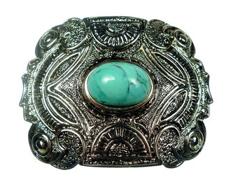 Belt buckles, silver tone tone metal with turquoise colored cabochon