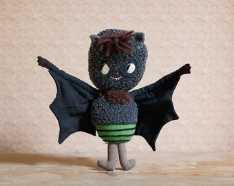 Bat. GREEN. One-of-a-kind handmade art doll. Soft sculpture. Collectible Waldorf Doll. Anthropomorphic Bat Rag Doll.
