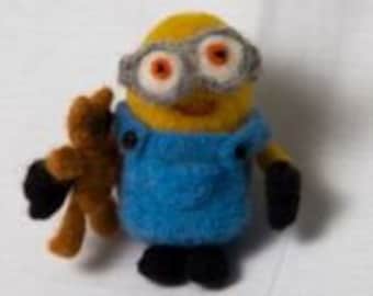 Needle Felted Minion with His Little Teddy Wool Felted Yellow Minion Unique gift