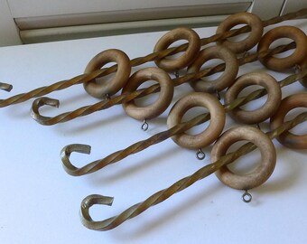 Swing Arm Curtain Rods gold tone twisted wrought iron Vintage with or without wood curtain rings Set of 4