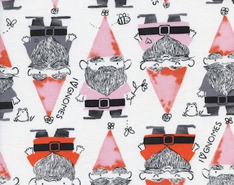PRE-ORDER, Cotton and Steel, Sarah Watts, Front Yard, Gnomes in Red, White Fabric, Garden Gnome Fabric, Bee Fabric, 2069-02