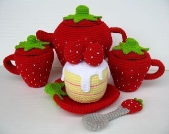 Crochet Pattern - STRAWBERRY TEA SET- Toys - pdf (00448)