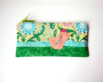 Zipper Pouch, 4.5x9.5" in blue, green, yellow and teal floral print fabric with Handmade Felt Chicken Embellishment, Chick Zipper Pouch
