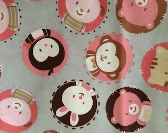 1 yard Pastel Animal Circles Fabric, Cotton Fabric, Gray and Pink, Baby Girl