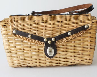 Woven Wicker Purse by Stein Novelty Import, 1950s Woven Handbag Made in Hong Kong Leather Handle