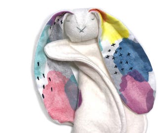 personalized organic baby gift - artist's splash - organic baby gift - organic cotton; organic baby bunny toy baby bunny lovey heirloom baby
