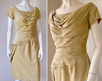 Vintage 1950s Gold Metallic Bombshell Dress w/Incredible Ruching Detail