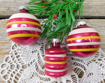 Set of 8 Vintage Mid Century Glass Christmas Ornaments - Shiny Bright