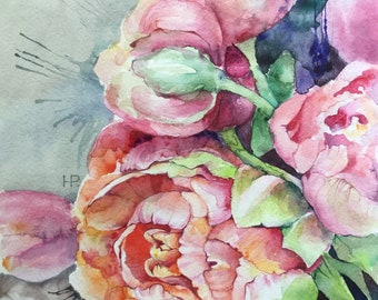 Watercolor flowers/Floral painting/floral art/Peonies