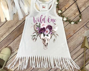 Wild One, Boho Birthday, Girl Birthday Dress, First Birthday, 1st Birthday, Fringe Birthday Dress, Tribal Birthday, Floral Skull Shirt, Girl
