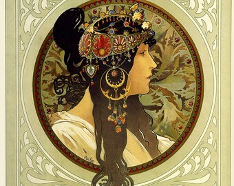 Alphonse Mucha Byzantine Heads Brunette Poster Art Print - Mucha Art Print - Byzantine Head Poster Art Print - Woman Brunette Nouveau Print