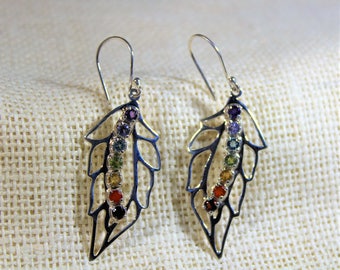 Sterling silver earrings, dangle earrings, multi stone earrings, drop earrings, leaf motif earrings