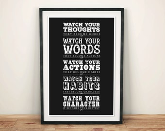 Lao Tze Taoism life quote print: 'Watch your thoughts; they become words'… typographic poster