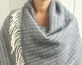 BLANKET SCARF WOOL Oversized Grey and White Wool Wrap Shawl Wool Cape Large Wool Scarf New Zealand Wool Gift for Mom Mothers Day Gift