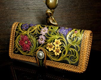 Hand-tooled women's leather wallet, hand-carved wallet, carved purse, tooled women's wallet , sheridan wallet, flower wallet, long wallet