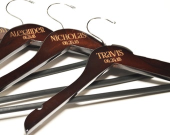 Personalized Mahogany Wood Engraved Wedding Suit Tux Hanger, Custom Groom Hanger, Groomsmen Hanger Favor