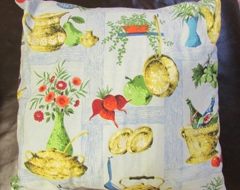 1950s/60s classic kitchen-print barkcloth fabric cushion