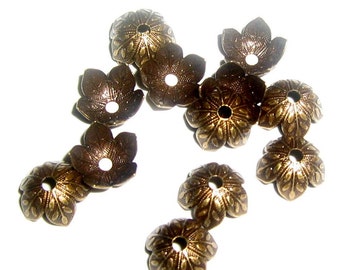 6 Antique Brass Leaf Embossed Bead Caps 9mm - (bcb8vjsr354)