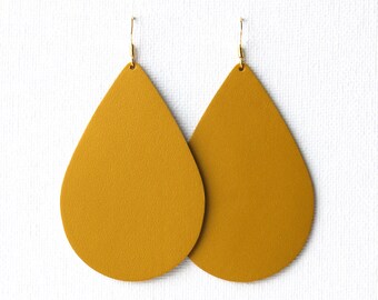 Golden Leather Drops, the leather drop, mustard earrings