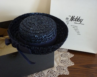 Vintage 1960s Navy Straw Gigi Boater / Tweens / Hats