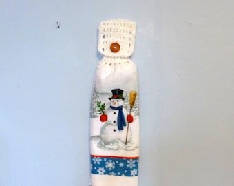 Hanging Kitchen Towel Crochet Top Doubled White Snowman Winter Choice of White or Blue Top