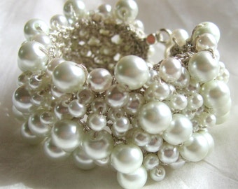 PURE WHITE Pearl Cuff Bracelet, Modern Bridal Wedding Statement, Unique Hand Knit Exclusive, Sereba Designs