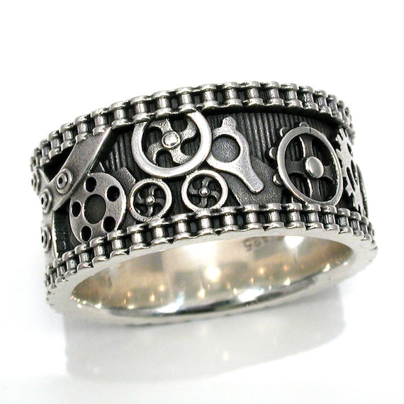 Mens Bike Chain Gear Ring - Steampunk Sterling Silver - Wedding Engagement Ring