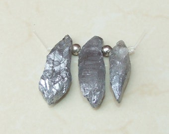 Light Silver Titanium Quartz Points, Titanium Druzy, Raw Rough Quartz Beads, Titanium Quartz - 3 Stones - 39mm - 42mm - 0379