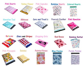 50, 100, 200) - 10x13" Designer Poly Mailers, Pink Hearts, Red Roses, Hot Pink Hawaiian, Daisies, Cupcake, Flat Shipping Mailing Bags USPS