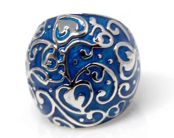 14k White Gold domed with swirled blue enamel ring