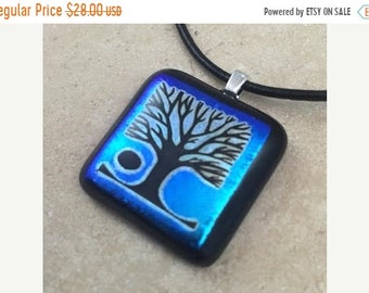 ON SALE Tree of Life Necklace, Blue Dichroic Pendant, Fused Glass Jewelry, Dichroic Glass Jewelry, Dichroic Pendant Necklace - HEA159