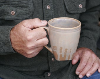 16 oz Mug, Mottled Toffee Drip Mug, Base of tan, Pearly Tan Overlay, Natural Patina High Fire Stoneware, Hand Painted, Ready To Ship