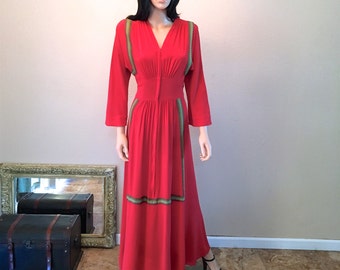 1930s Dressing Gown XXS. Tomato Red Saybury Robe. Old Hollywood Dressing Gown. Vintage Bohemian Robe. Zipper Front Long Boho Robe SZ 0