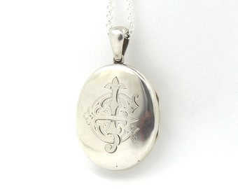 Victorian Silver Locket Necklace | Sterling Monogram Locket Pendant | Antique Oval Photo Locket On A Belcher Chain