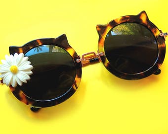 Cat Ear Sunglasses with Daisy Embellishment - Tortoise Shell/Gold Frames- UV400