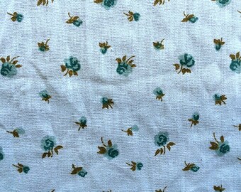 Vintage 70s Pale Baby Blue and Teal Blue Rose Flower Fabric Mid Century Kitsch Floral Print Light Weight Cotton Blend Quilt Weight CBF