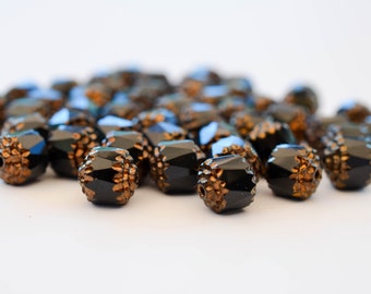 Jet Black Cathedral Beads, Czech Glass, Copper Ends, Round, Fire Polished - 8mm - 15Pc