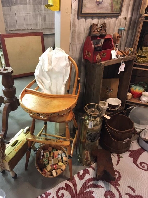 Antique Wood Baby High Chair Hand Painted - Antique Wood Baby High Chair Hand Painted