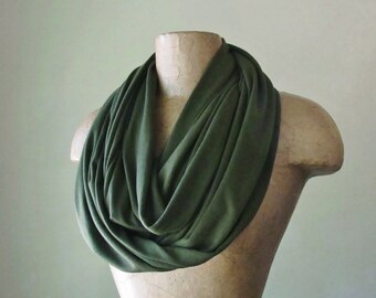 OLIVE GREEN Infinity Scarf, Forest Green Jersey Tube Scarf, Lightweight Circle Scarf