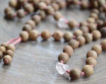 Knotted Mala Necklace Rose Quartz Wood Bead Prayer Beads Mantra Meditation 108 Japa Mala Yoga Jewelry. Tassel necklace.