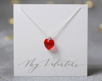 valentines heart necklace, swarovski crystal heart pendant, love necklace, red heart pendant, pink heart necklace, valentines gift for her